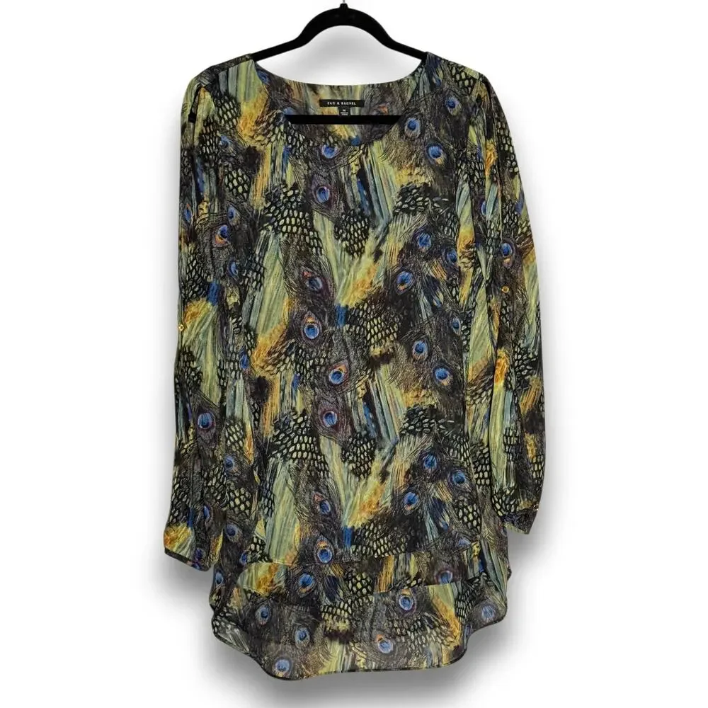 Zac and Rachel Women Medium Peacock Feather Print Sheer Layered Blouse Blue Gold - Picture 1 of 8